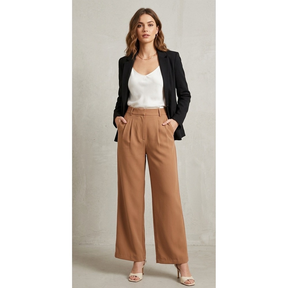 Abercrombie & Fitch Women Camel Tan Pleated High Rise Wide Leg Trousers 30/10